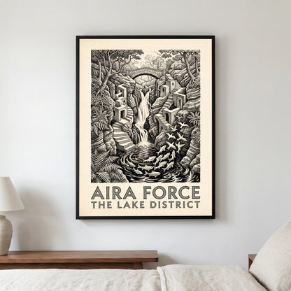 Aira Force travel poster in a black frame, hanging in a bedroom3
