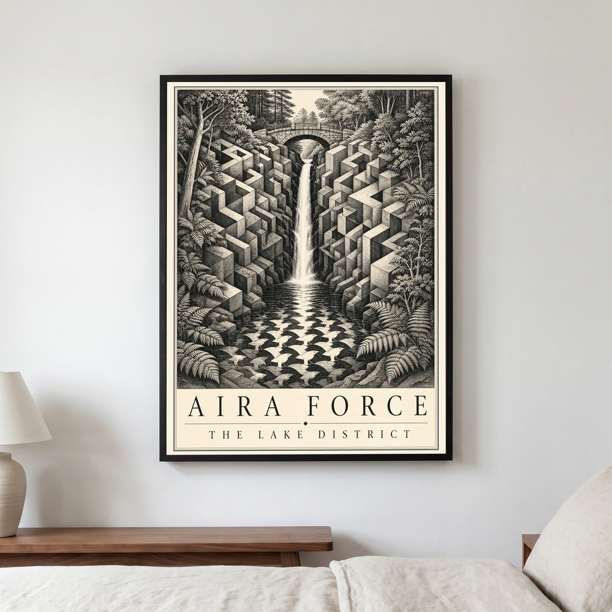 Aira Force travel poster in a black frame, hanging in a bedroom3