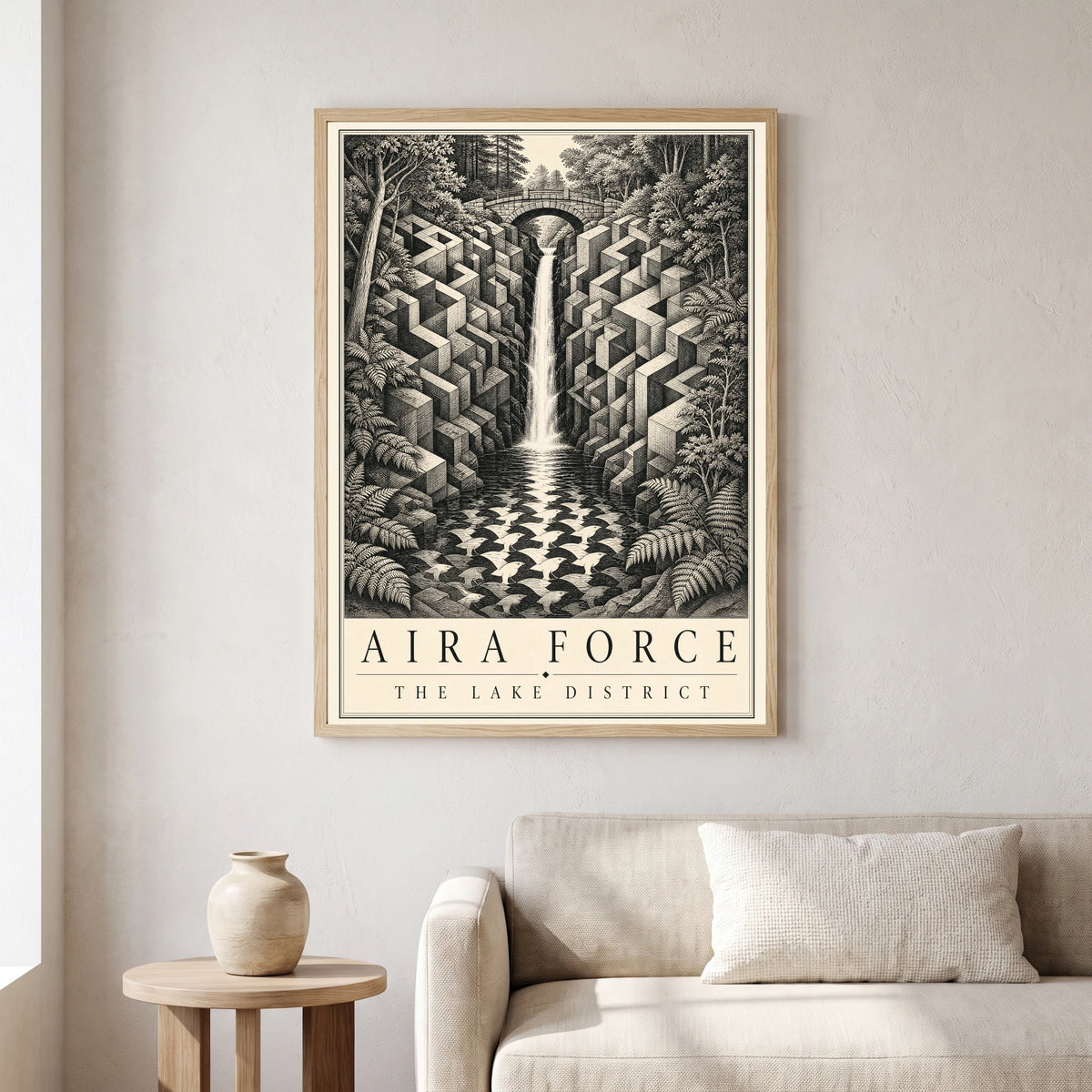 Aira Force travel poster in a natural frame, hanging in a living