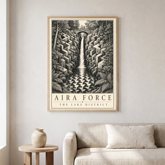 Aira Force travel poster in a natural frame, hanging in a living