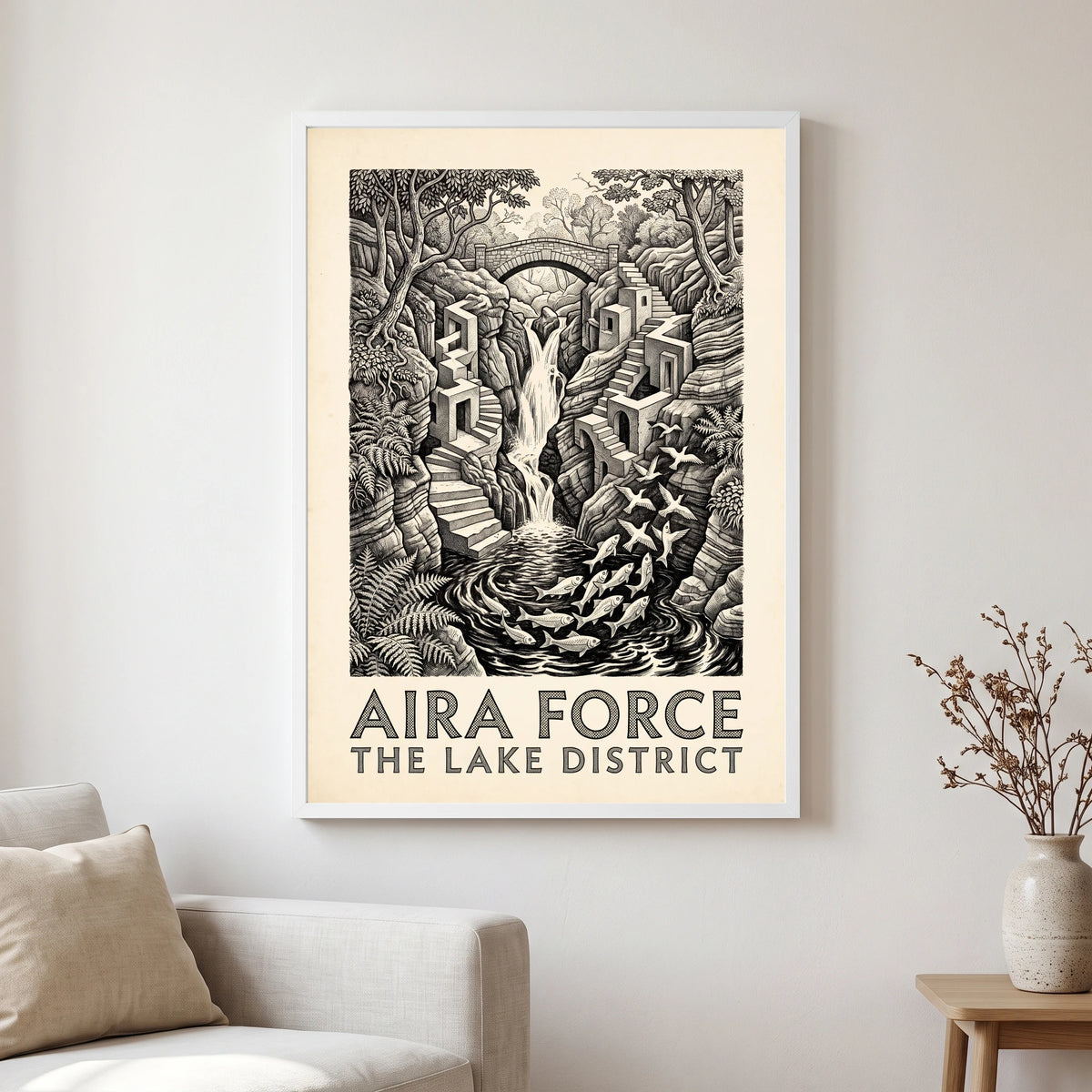 Aira Force travel poster in a white frame, hanging in a living2