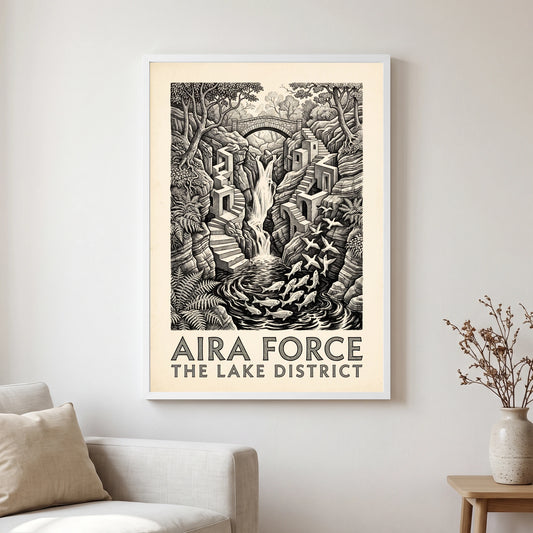 Aira Force travel poster in a white frame, hanging in a living2