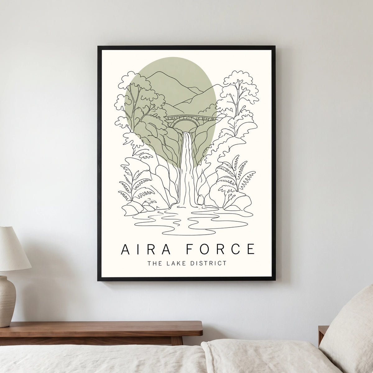 Aira Force travel poster in a black frame, hanging in a bedroom3
