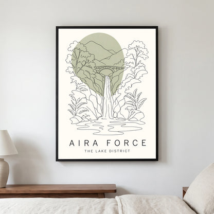 Aira Force travel poster in a black frame, hanging in a bedroom3