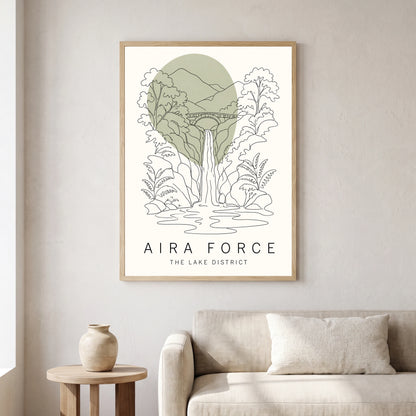Aira Force travel poster in a natural frame, hanging in a living