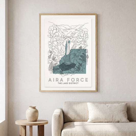 Aira Force travel poster in a natural frame, hanging in a living
