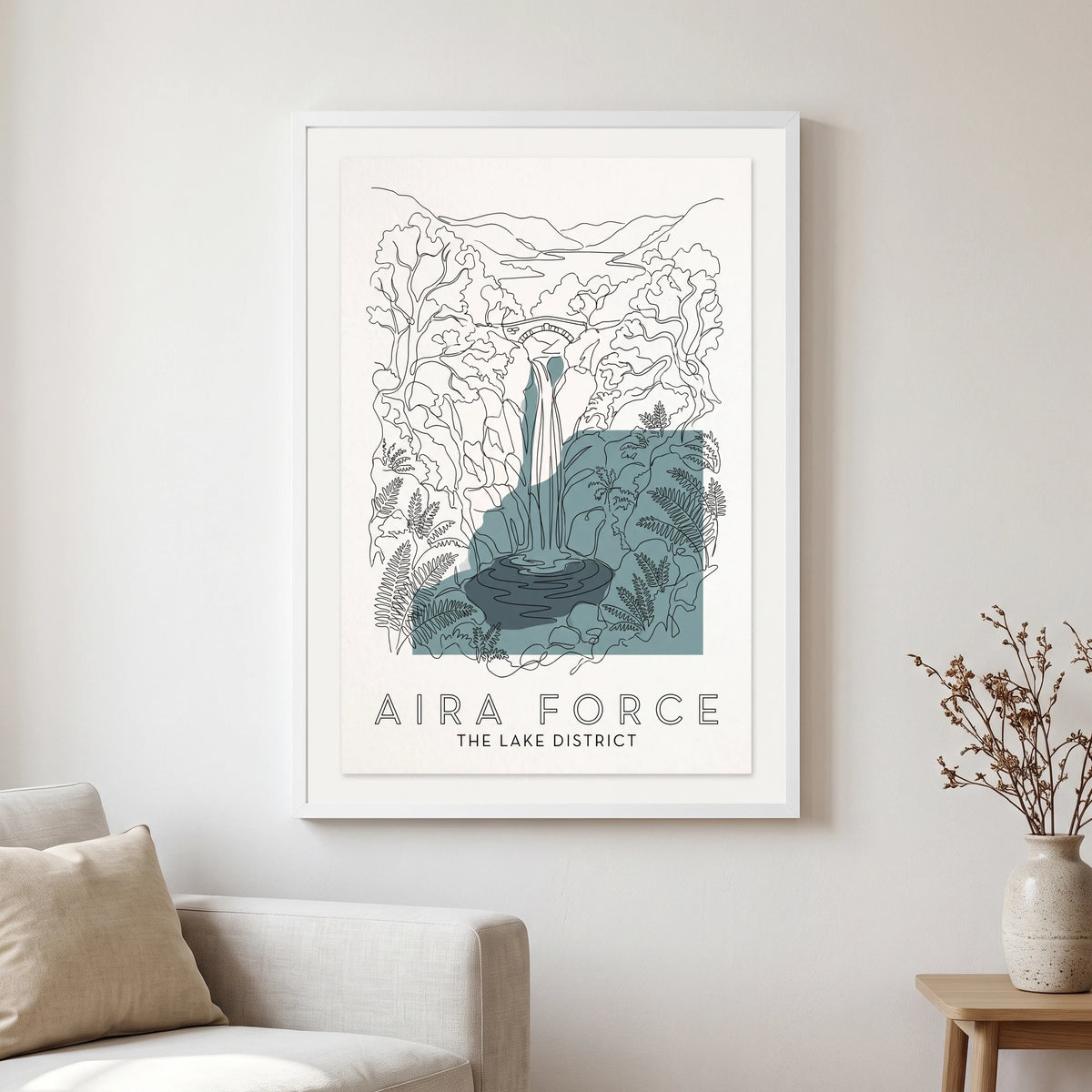 Aira Force travel poster in a white frame, hanging in a living2