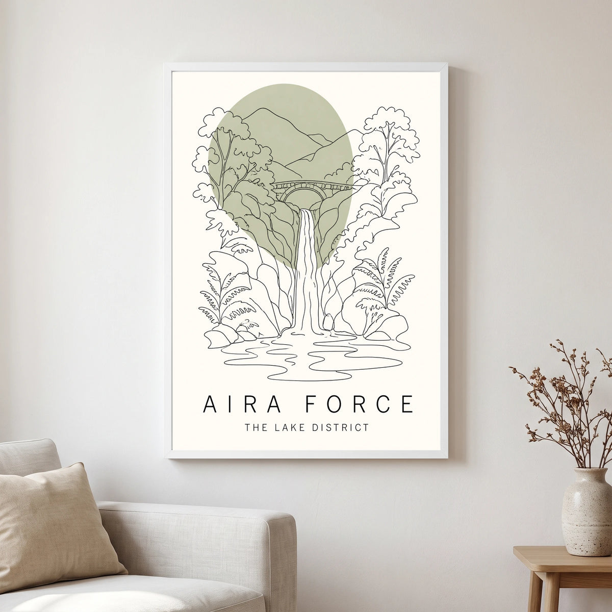 Aira Force travel poster in a white frame, hanging in a living2