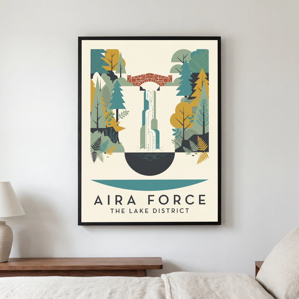 Aira Force travel poster in a black frame, hanging in a bedroom3