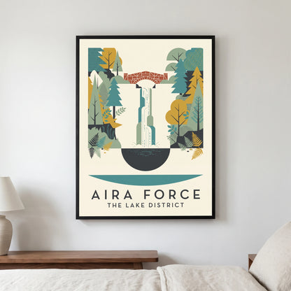 Aira Force travel poster in a black frame, hanging in a bedroom3