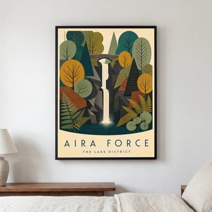 Aira Force travel poster in a black frame, hanging in a bedroom3
