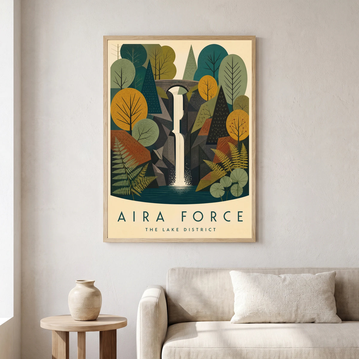 Aira Force travel poster in a natural frame, hanging in a living