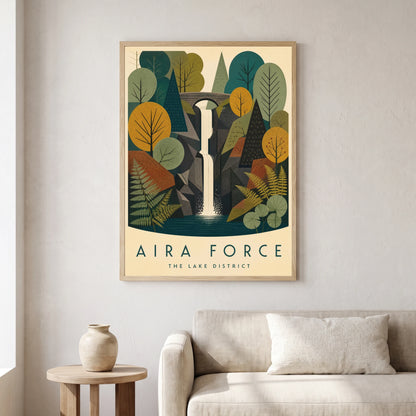 Aira Force travel poster in a natural frame, hanging in a living