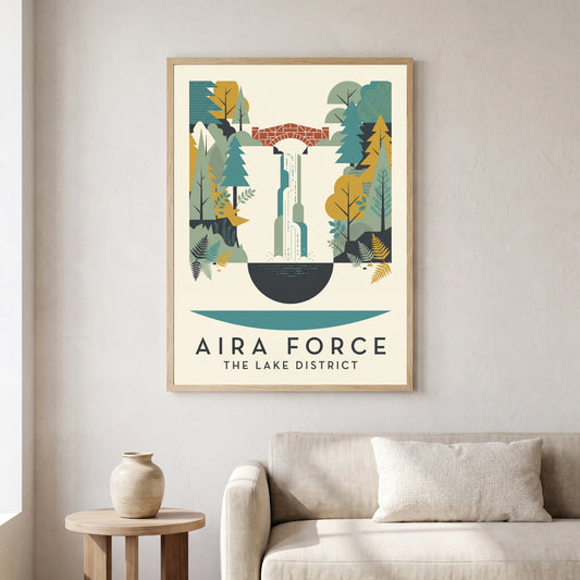 Aira Force travel poster in a natural frame, hanging in a living