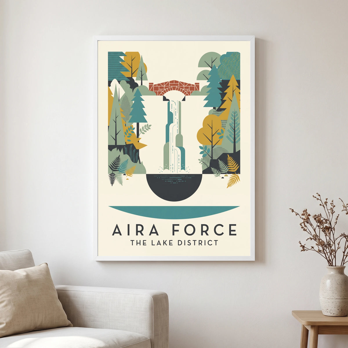 Aira Force travel poster in a white frame, hanging in a living2