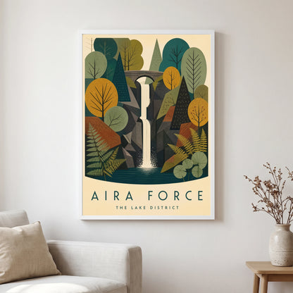 Aira Force travel poster in a white frame, hanging in a living2