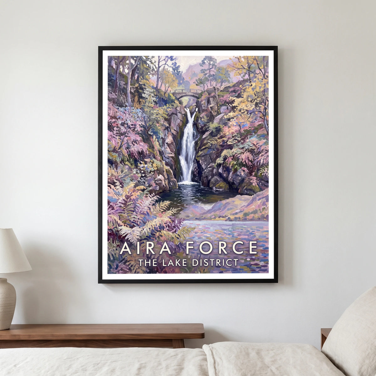 Aira Force travel poster in a black frame, hanging in a bedroom3