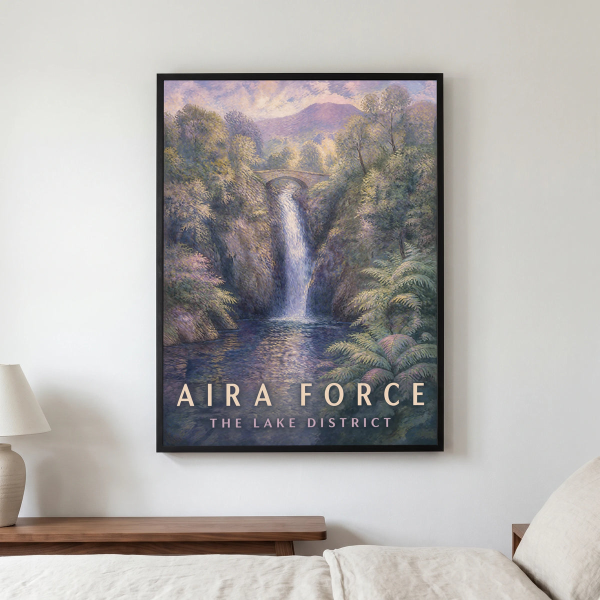 Aira Force travel poster in a black frame, hanging in a bedroom3