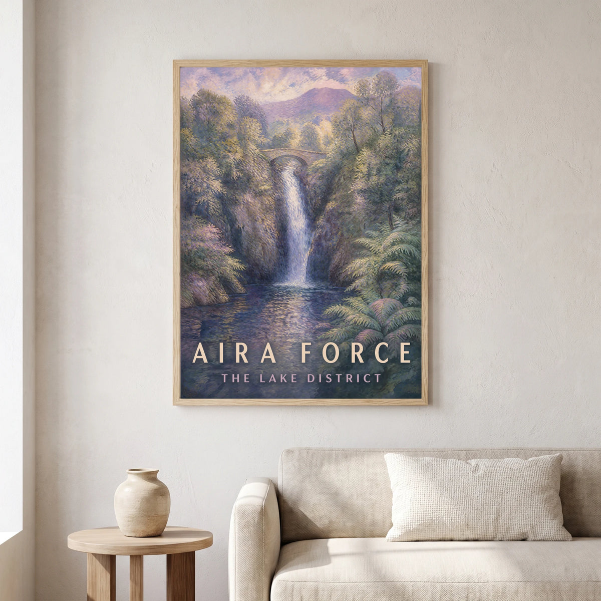 Aira Force travel poster in a natural frame, hanging in a living