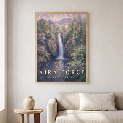 Aira Force travel poster in a natural frame, hanging in a living