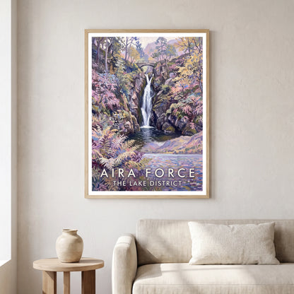 Aira Force travel poster in a natural frame, hanging in a living