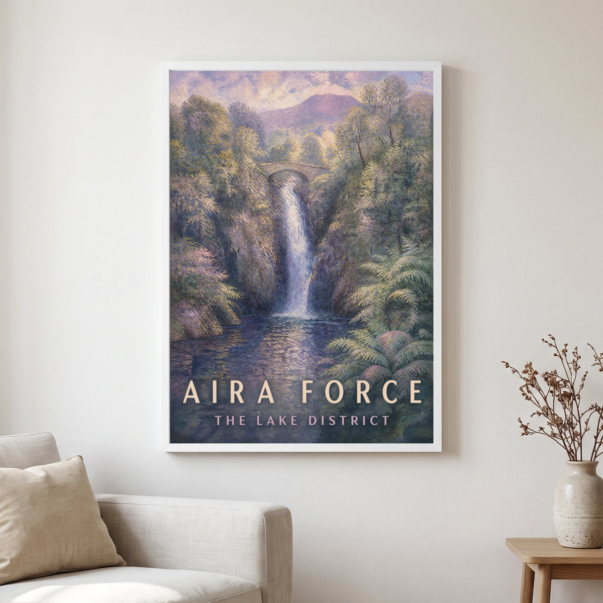 Aira Force travel poster in a white frame, hanging in a living2