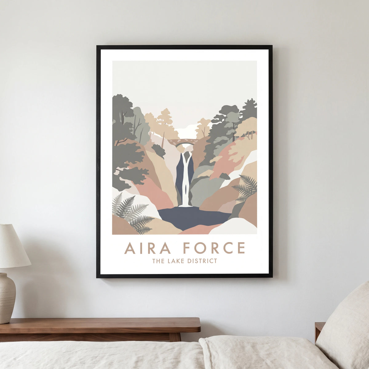 Aira Force travel poster in a black frame, hanging in a bedroom3
