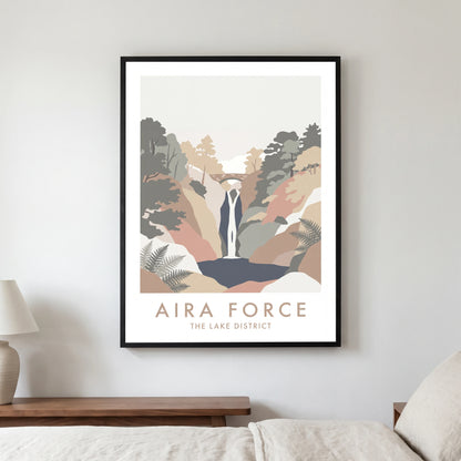 Aira Force travel poster in a black frame, hanging in a bedroom3