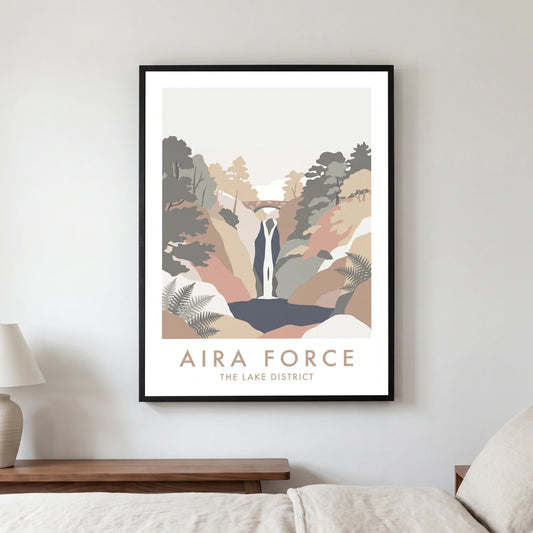 Aira Force travel poster in a black frame, hanging in a bedroom3