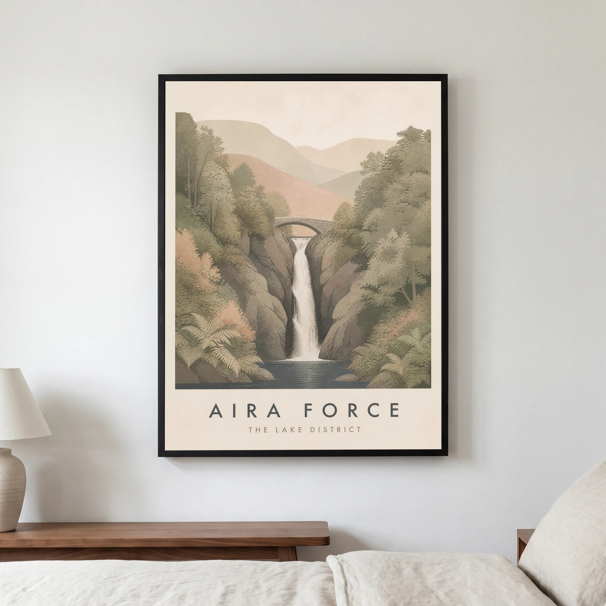 Aira Force travel poster in a black frame, hanging in a bedroom3