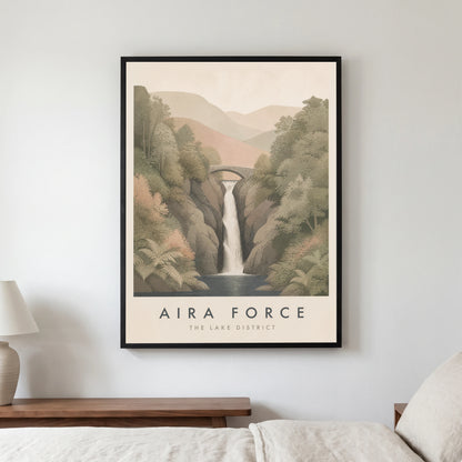 Aira Force travel poster in a black frame, hanging in a bedroom3