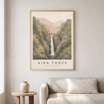 Aira Force travel poster in a natural frame, hanging in a living
