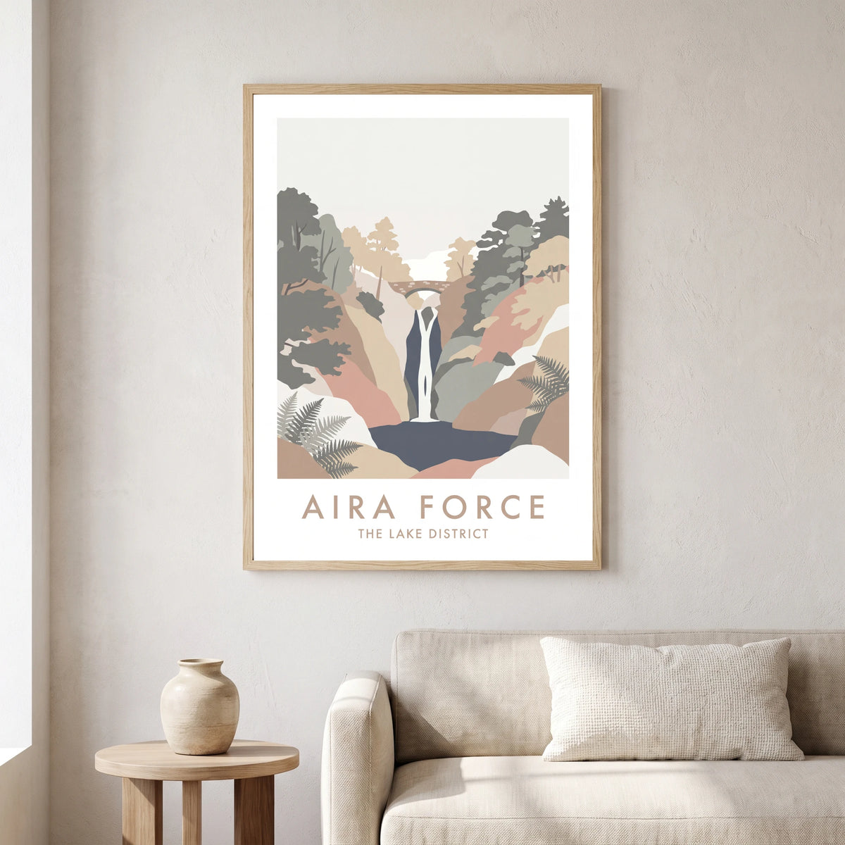 Aira Force travel poster in a natural frame, hanging in a living