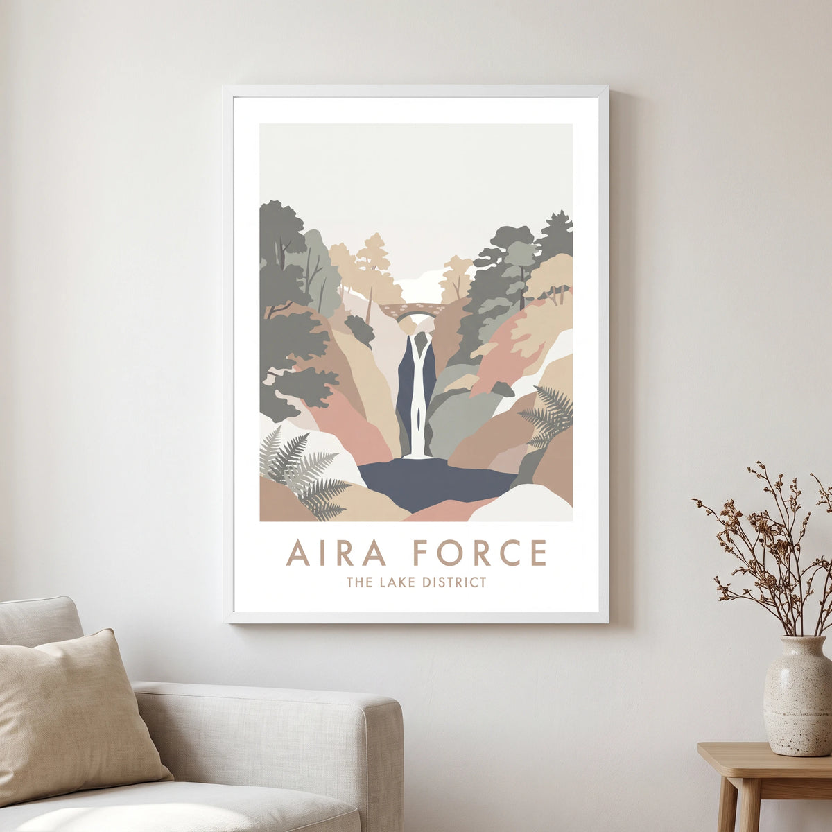 Aira Force travel poster in a white frame, hanging in a living2