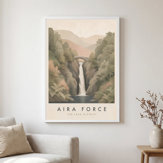 Aira Force travel poster in a white frame, hanging in a living2