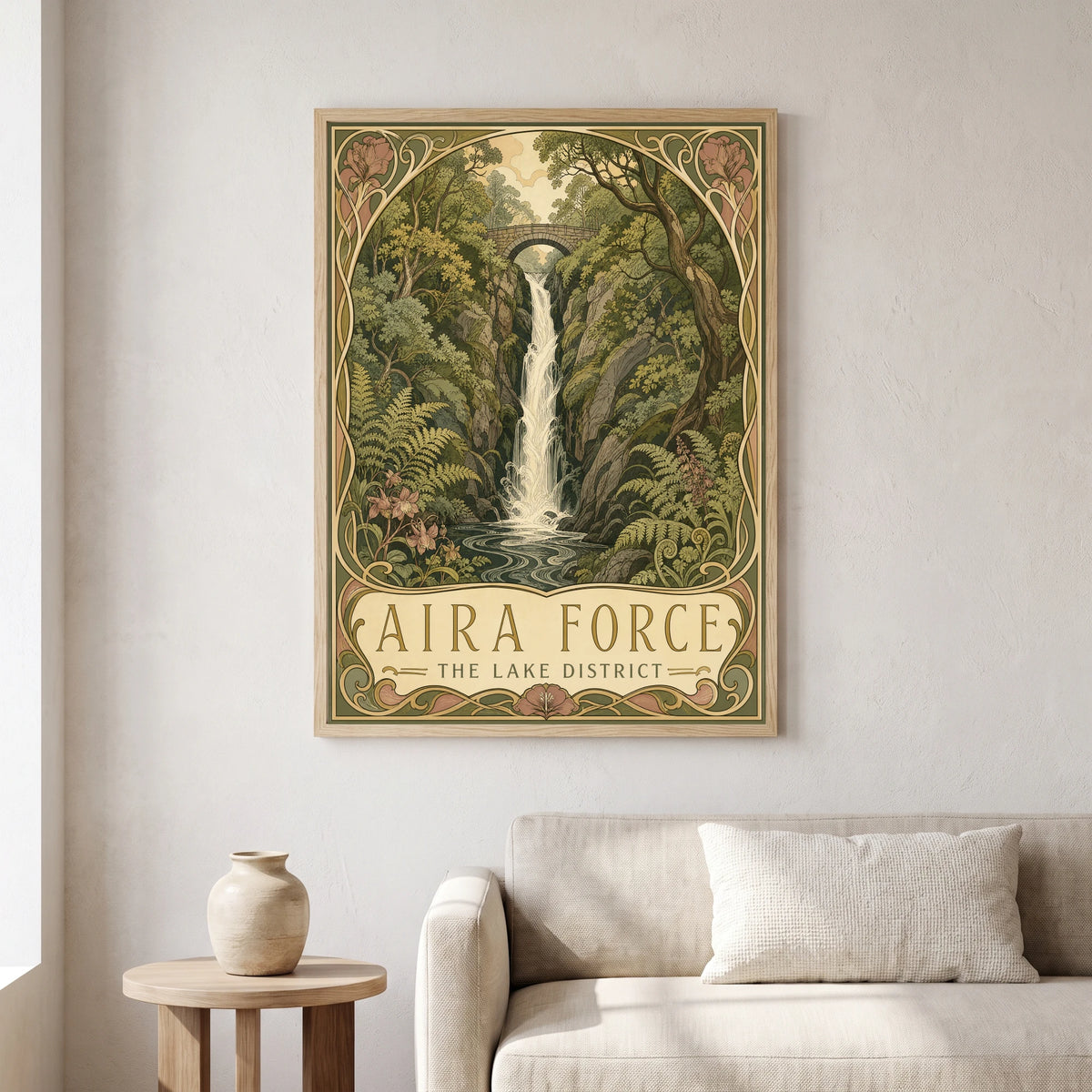 Aira Force travel poster in a natural frame, hanging in a living