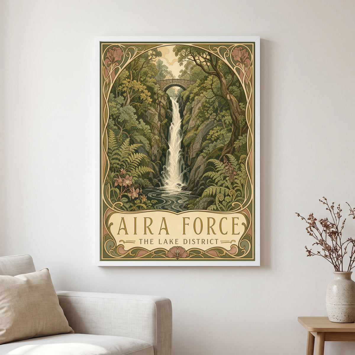 Aira Force travel poster in a white frame, hanging in a living2