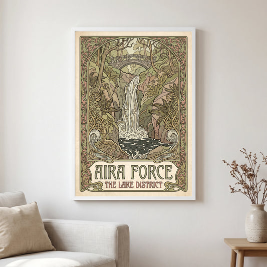 Aira Force travel poster in a white frame, hanging in a living2