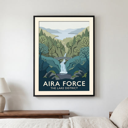 Aira Force travel poster in a black frame, hanging in a bedroom3