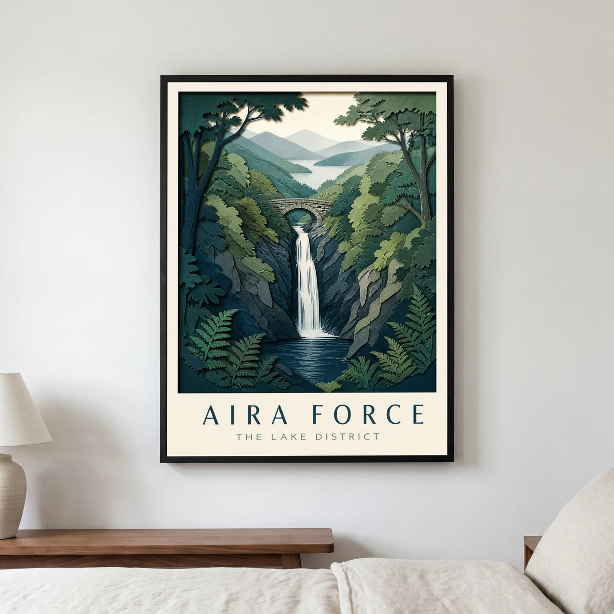 Aira Force travel poster in a black frame, hanging in a bedroom3