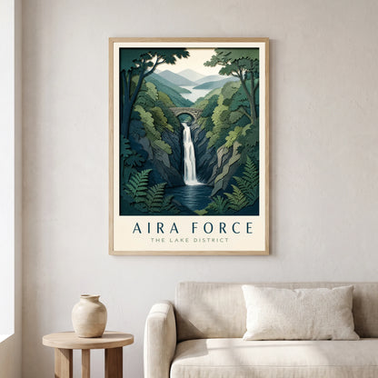 Aira Force travel poster in a natural frame, hanging in a living