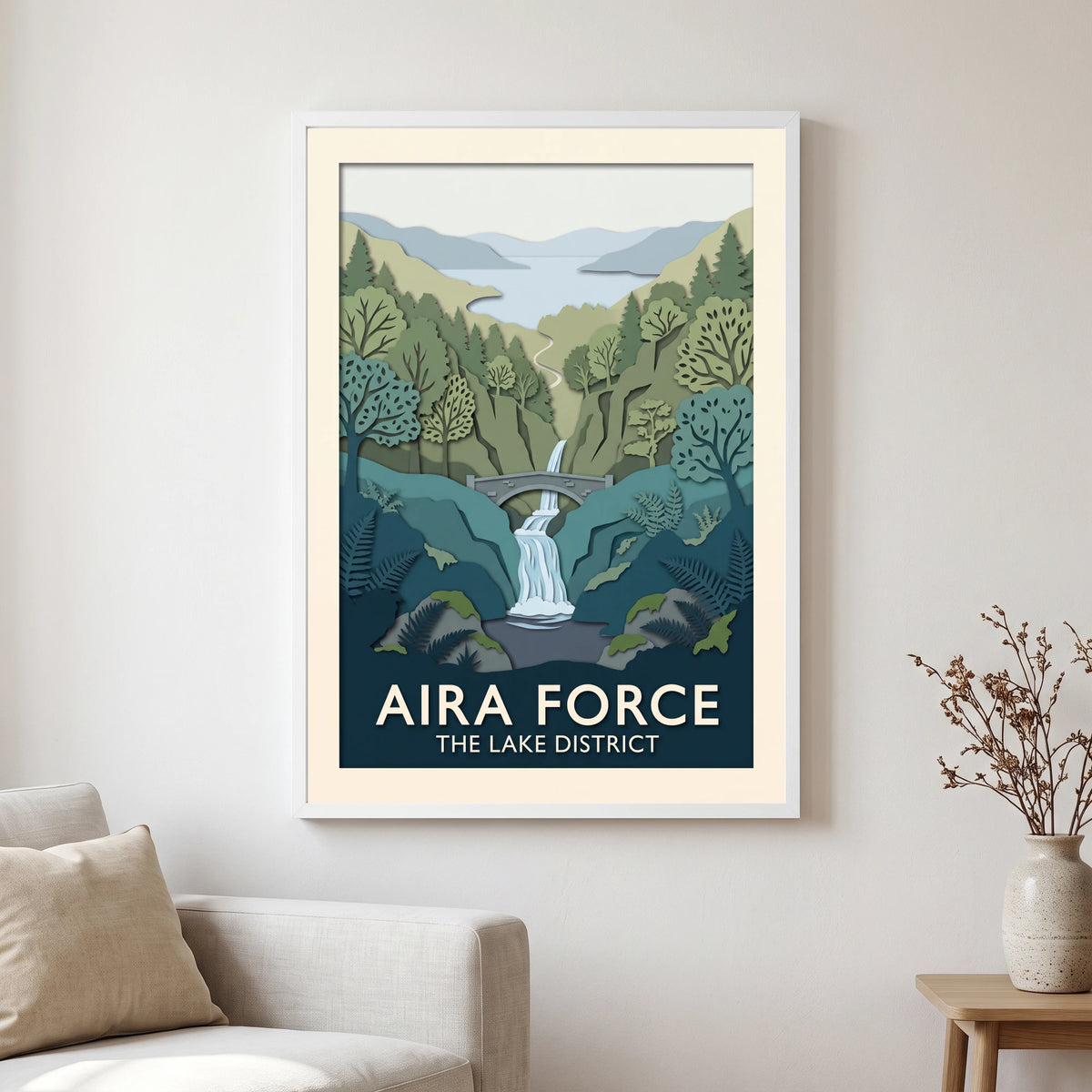 Aira Force travel poster in a white frame, hanging in a living2