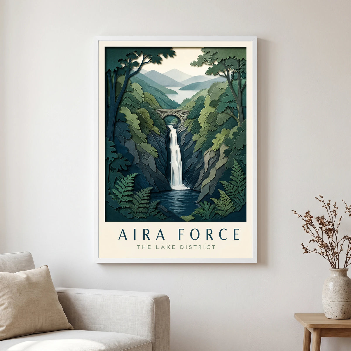 Aira Force travel poster in a white frame, hanging in a living2