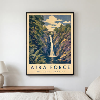 Aira Force travel poster in a black frame, hanging in a bedroom3