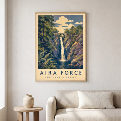 Aira Force travel poster in a natural frame, hanging in a living