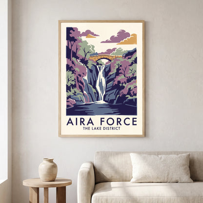 Aira Force travel poster in a natural frame, hanging in a living