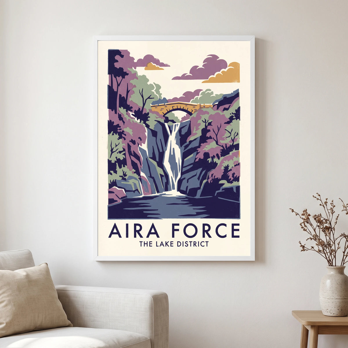 Aira Force travel poster in a white frame, hanging in a living2