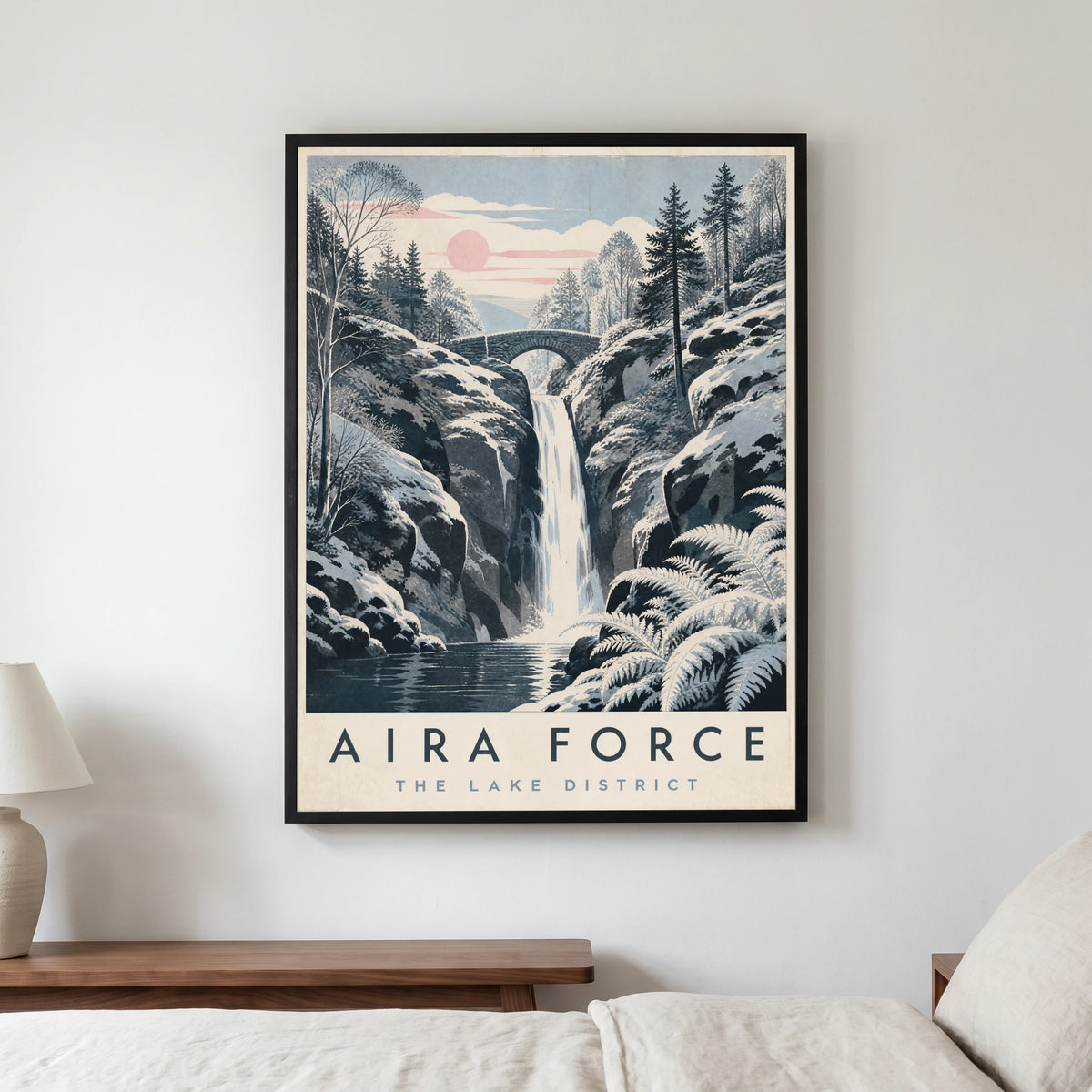 Aira Force travel poster in a black frame, hanging in a bedroom3