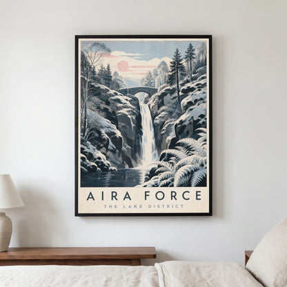 Aira Force travel poster in a black frame, hanging in a bedroom3