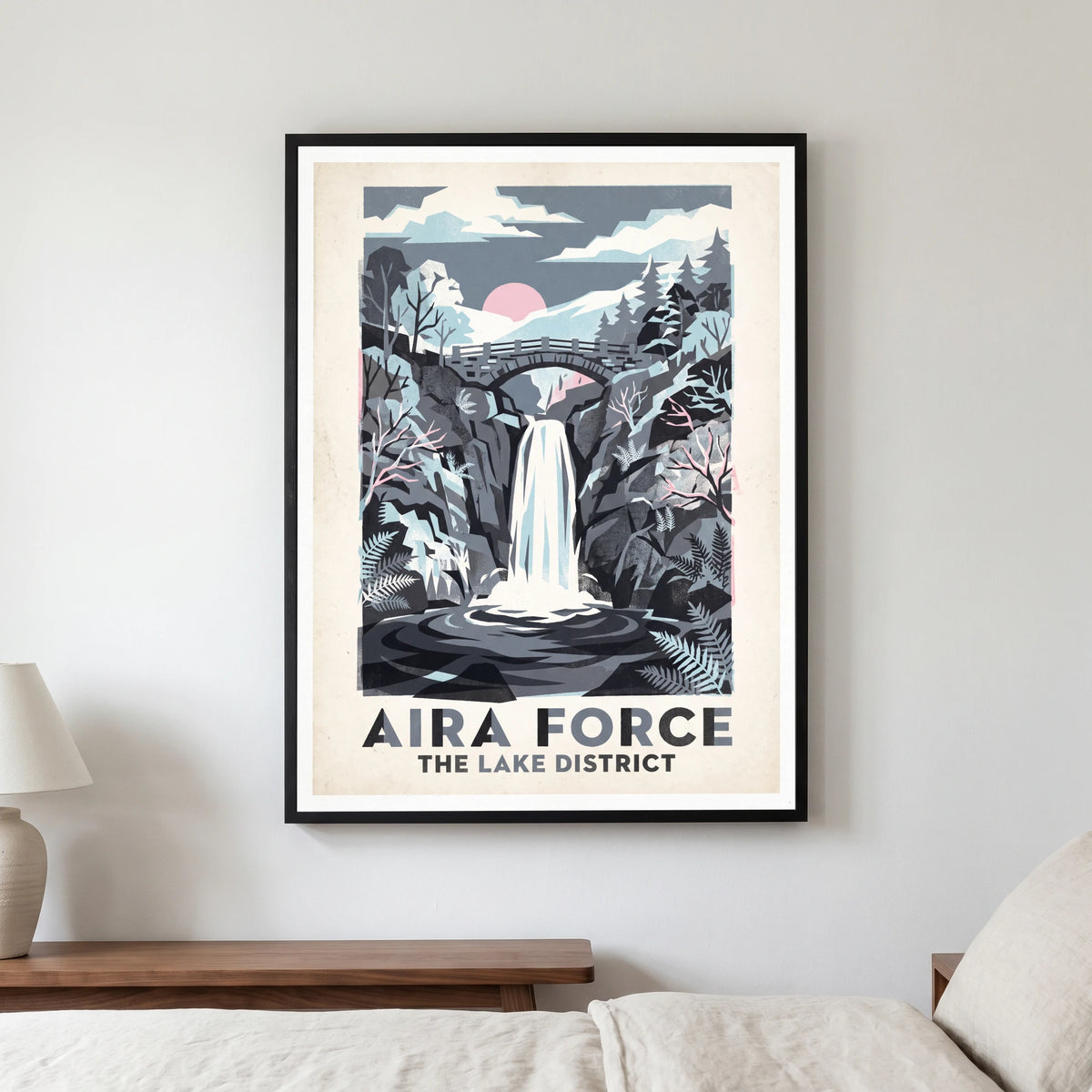Aira Force travel poster in a black frame, hanging in a bedroom3
